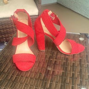Red Strappy Block Heel. Never Worn!